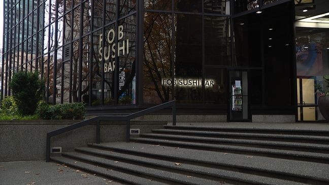 A photo of FOB Sushi in Seattle's Belltown neighborhood. The restaurant closed "until further notice" Monday after it was embroiled in accusations of a worm in a piece of sashimi featured on popular TikTok influencer Keith Lee's channel. (KOMO)