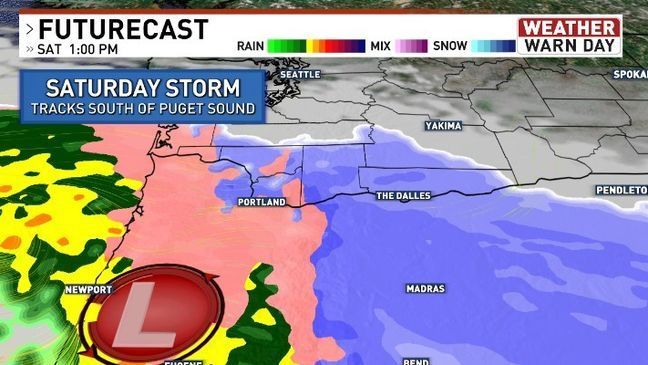 A graphic showing Saturday's storm tracking south of Puget Sound towards Portland. (KOMO){&nbsp;}