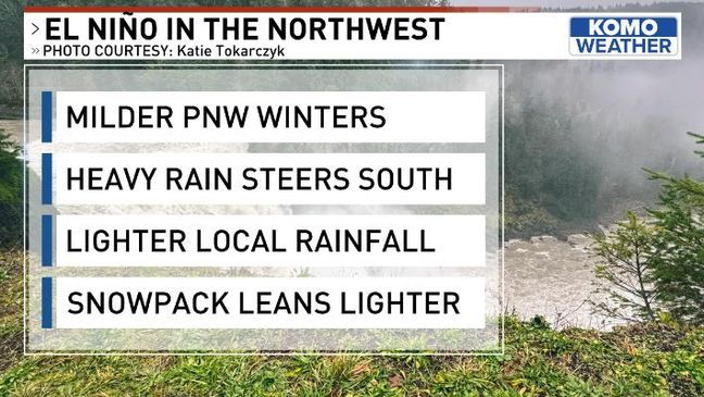A graphic showing the impacts of an{&nbsp;}El Niño weather pattern, which is predicted in the Pacific Northwest in 2024. (KOMO)