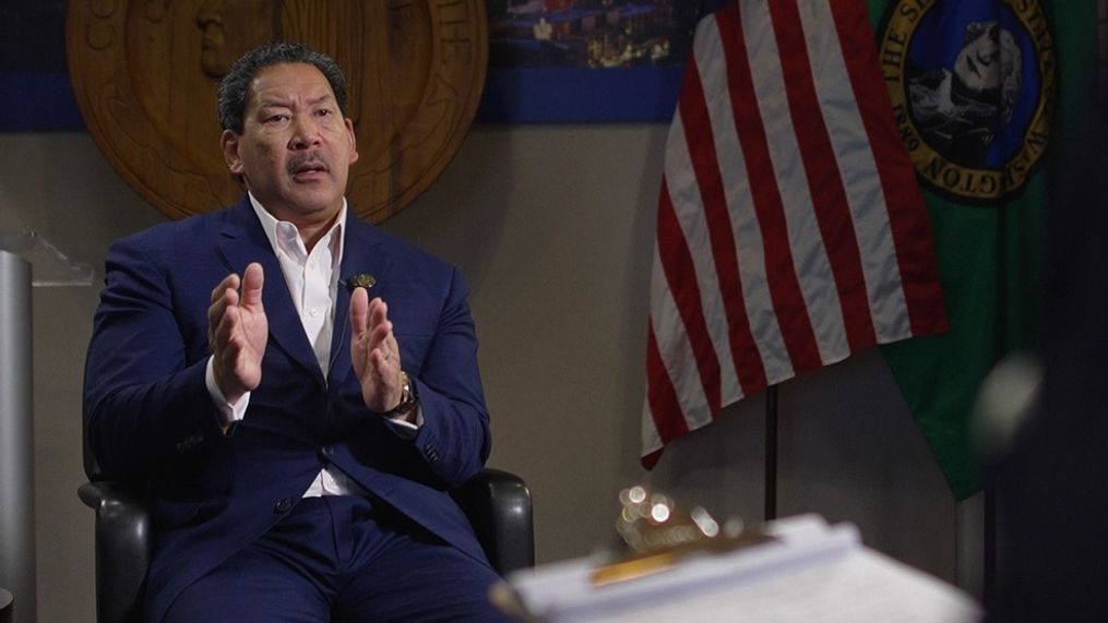 Seattle Mayor Bruce Harrell sits down to speak with KOMO News Senior Reporter Chris Daniels on June 27, 2024. (KOMO News)