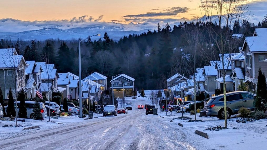 A photo showing slick roads and icy conditions in Lake Stevens on the morning of Jan. 12, 2024. (Photo: Lisa Ketcham via #SoNorthwest Photography){&nbsp;}